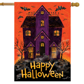 Briarwood Lane Spooky House House Flag purple house with bats trees and Happy Halloween text.