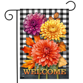 Checkered garden flag with colorful mums and welcome text on a black and white background.