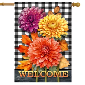 Black and white checkered house flag with colorful mums and welcome text in orange letters.