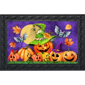 Happy Jack O Lanterns Doormat with green witch hat pumpkins and bats on purple background.