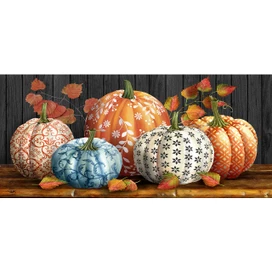 Elegant Pumpkins Mini Mat with colorful decorative pumpkins and fall leaves on a wooden surface.