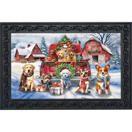 Holiday Cheer Dogs Doormat with festive dogs, truck, and barn in a snowy scene.