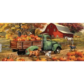 Autumn Farm Mini Mat, green truck with pumpkins and dogs on a farm scene background.