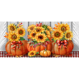 Sunflowers in Pumpkins Mini Mat with orange sunflowers and pumpkins on a red plaid background.