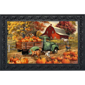 Autumn Farm Doormat with green truck, pumpkins, barn, and dogs on a rural fall landscape.