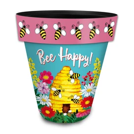 Bee Happy Beehive Large colorful planter with pink band and floral design featuring bees and flowers.