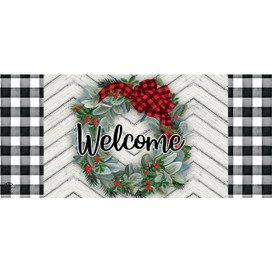 Winter Wreath Mini Mat with Welcome text, red bow, greenery, and red berries on white background.