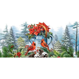 Winter Watering Can Mini Mat with cardinals, poinsettia, and snowy forest scene design.
