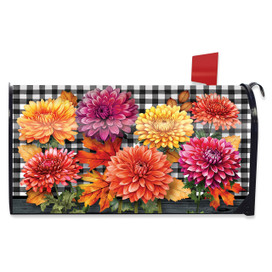 Checkered Mums Mailbox Cover with colorful flowers in shades of orange, pink, and yellow on black.