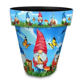 Gnome Sweet Gnome large planter with colorful garden gnome design and butterflies on blue background.