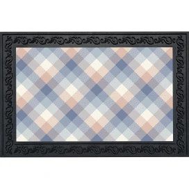 Pink and blue check doormat with black border and decorative frame, plaid pattern.