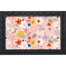 Colorful Flowers Doormat with pink background, multicolor floral design, and black decorative border.