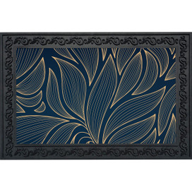 Organic Flow Doormat, navy blue with gold leaf design and decorative black border.