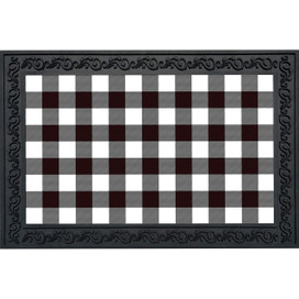 Black and white check doormat with decorative border, gray, black, and white checkered pattern.