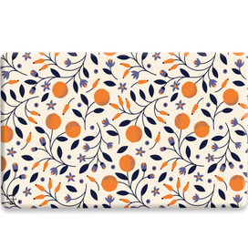 Citrus and Vines Comfort Mat, floral pattern with orange, navy blue, and purple on cream background.