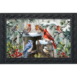 Winter Woodland Birds Doormat with colorful birds, snow, and berries on a tree stump in forest.