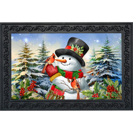 Snowman doormat with snowflakes, trees, and birds, wearing hat and scarf, Winter Friends design.