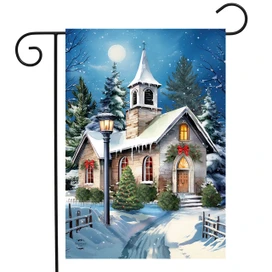 Snowy church with steeple and wreaths on a garden flag, Holy Night Garden Flag displayed.