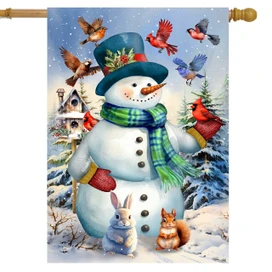 Snowman and Birds House Flag with snowman, birds, rabbit, and squirrel in winter scenery design.