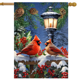Winter Glow Cardinals House Flag with red cardinals, snow, and lamp post on a garden flag.