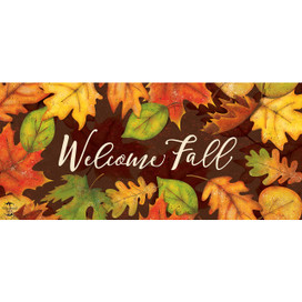 Welcome Fall doormat with colorful autumn leaves design, Leaf Toss Mini Mat, vibrant orange, yellow, green.