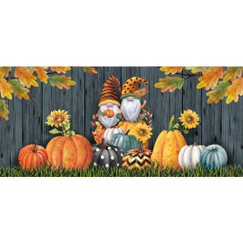Fall Gnomes Mini Mat with gnomes, pumpkins, and sunflowers on a wooden fence background.