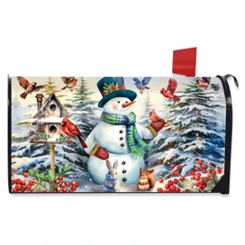 Snowman and Birds Mailbox Cover, snowman with hat, scarf, and birds on a winter scene.