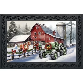 Snowy Christmas on the Farm Doormat with red barn, green tractor, and snowy scene.