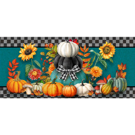 Colorful Pumpkin Stack Mini Mat with sunflowers, pumpkins, and fall leaves on teal background.