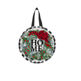 Round Winter Wreath Wood Door Hanger with black strap, red bow, and "HOME" on white background.