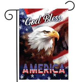 Patriotic garden flag with eagle, American flag background, and "God Bless America" text.