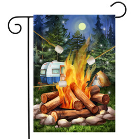 Roasting Marshmallows Garden Flag with campfire, camper, and tent under moonlight with marshmallows roasting.