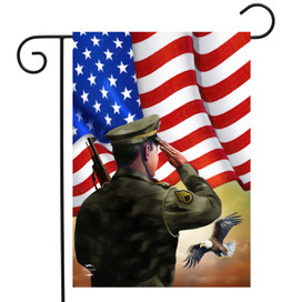 Saluting Soldier Garden Flag with American flag and eagle design, green uniform, salute gesture.