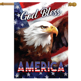 God Bless America Eagle Patriotic House Flag with American eagle and flag design, patriotic colors.