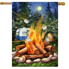 Roasting Marshmallows House Flag depicting camping scene with campfire, marshmallows, tent, and camper under moonlight.