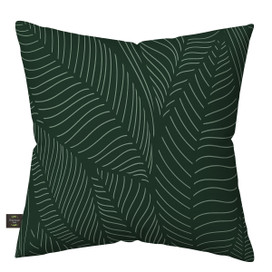 Dark green Tropical Leaves Burlap Pillow with light green leaf pattern on white background.