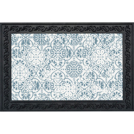 Ornamental blue and white doormat with black border and floral pattern design.