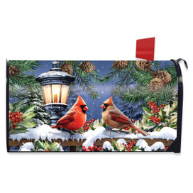 Winter Glow Cardinals Oversized Mailbox Cover with snow, pine, and red birds on a fence.