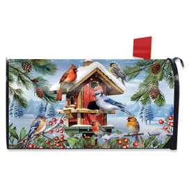 Winter Birdhouse Gathering Mailbox Cover with snowy birds, pine branches, and holly on a colorful background.