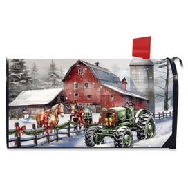 Snowy Christmas on the Farm Mailbox Cover with red barn, green tractor, and horse scene.