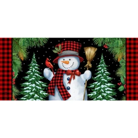 Red Checkered Snowman Mini Mat with snowman, trees, and cardinal in red and black plaid pattern.