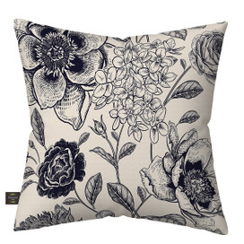 Woodcut Floral Burlap Pillow, black and white floral design on beige background, square decorative throw pillow.