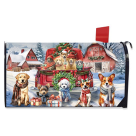Holiday Cheer Dogs Mailbox Cover with festive dogs and snowy scene on red truck.