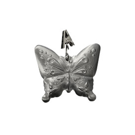 Metal Butterfly Garden Flag Weight, silver butterfly decoration with stamped details and hanging clip attached.