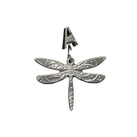 Metal dragonfly garden flag weight, silver, four winged insect decoration with hanging clip.