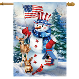 American Snowman House Flag with patriotic snowman, deer, rabbit, and cardinals in winter scene.
