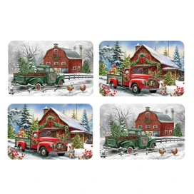 Winter Trucks Placemat set of 4 colorful coasters with vintage trucks and festive barns on them.