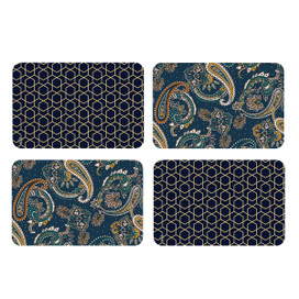 Four navy blue placemats with gold hexagonal and paisley patterns, Bold Patterns Placemat 4-pack displayed.