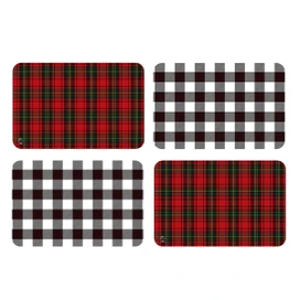 Four checkered placemats, red black and gray patterns, rectangular with rounded corners, 4-pack set.