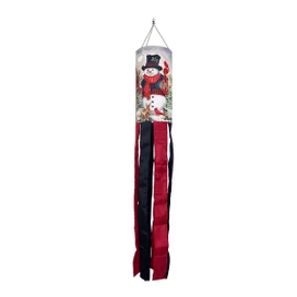 Snowman and Friends Windsock Wind Twister with red and black ribbons and snowman design hanging.